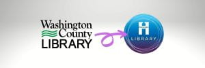 Washington County Library logo with an arrow to the Hennepin County Library logo